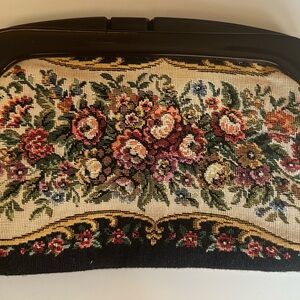 Vintage Floral Tapestry Clutch with Kiss Lock Black Floral